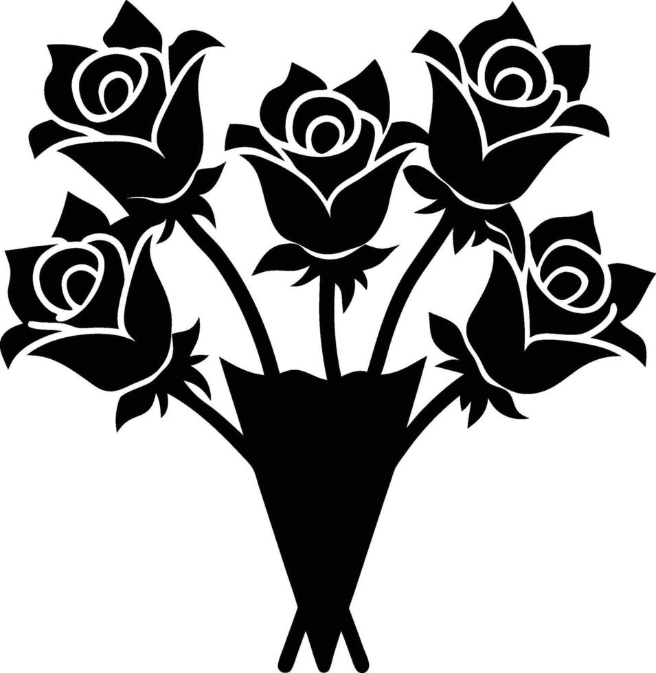 Black and white illustration, stylized roses, silhouette bouquet, floral arrangement, graphic design, symmetrical composition, art deco style vector