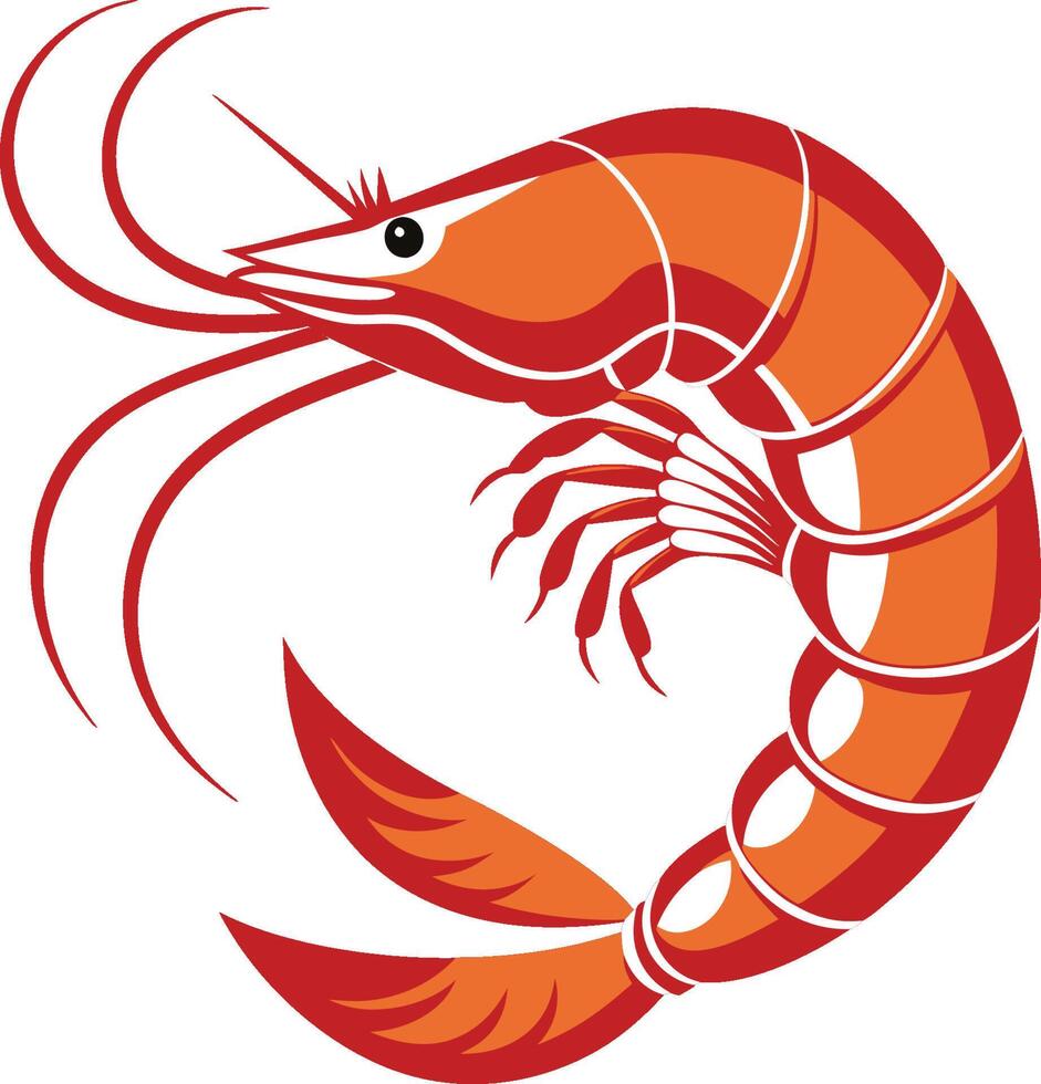 Stylized shrimp illustration, vibrant red and orange colors, curved body, long antennae, segmented exoskeleton, minimalist design vector