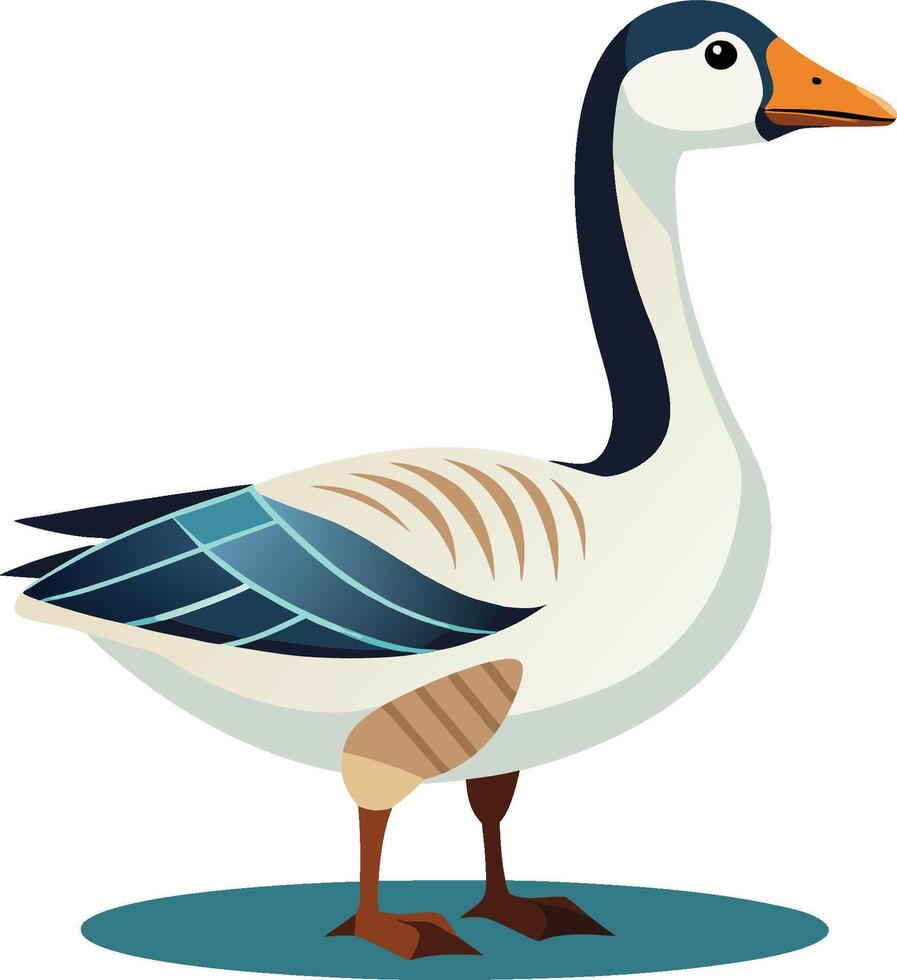 Stylized goose illustration, digital art, clean lines, flat colors, minimalist design, white body, blue wings, orange beak vector