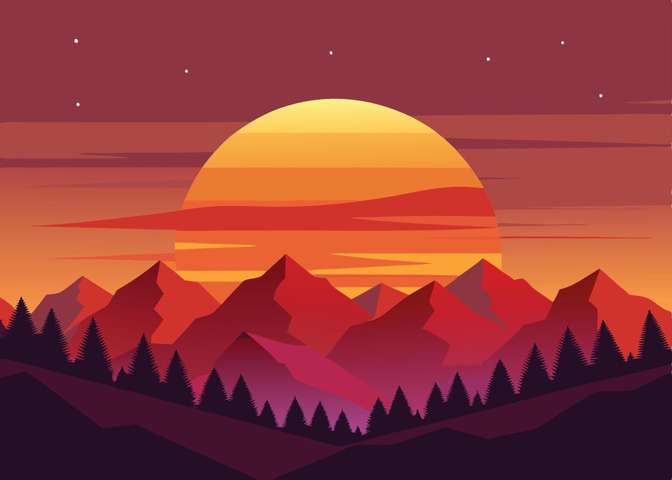 Sunset landscape, mountainous terrain, vibrant colors, large sun, gradient sky, silhouette pine trees, layered mountains, geometric art style vector