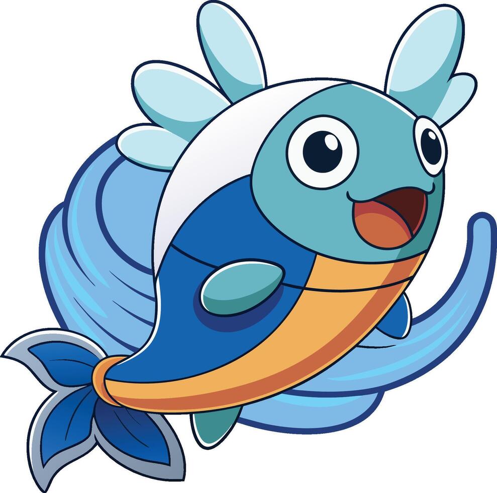 Cute cartoon fish character, big eyes, smiling expression, light blue and navy color scheme, orange belly, fin-like protrusions vector