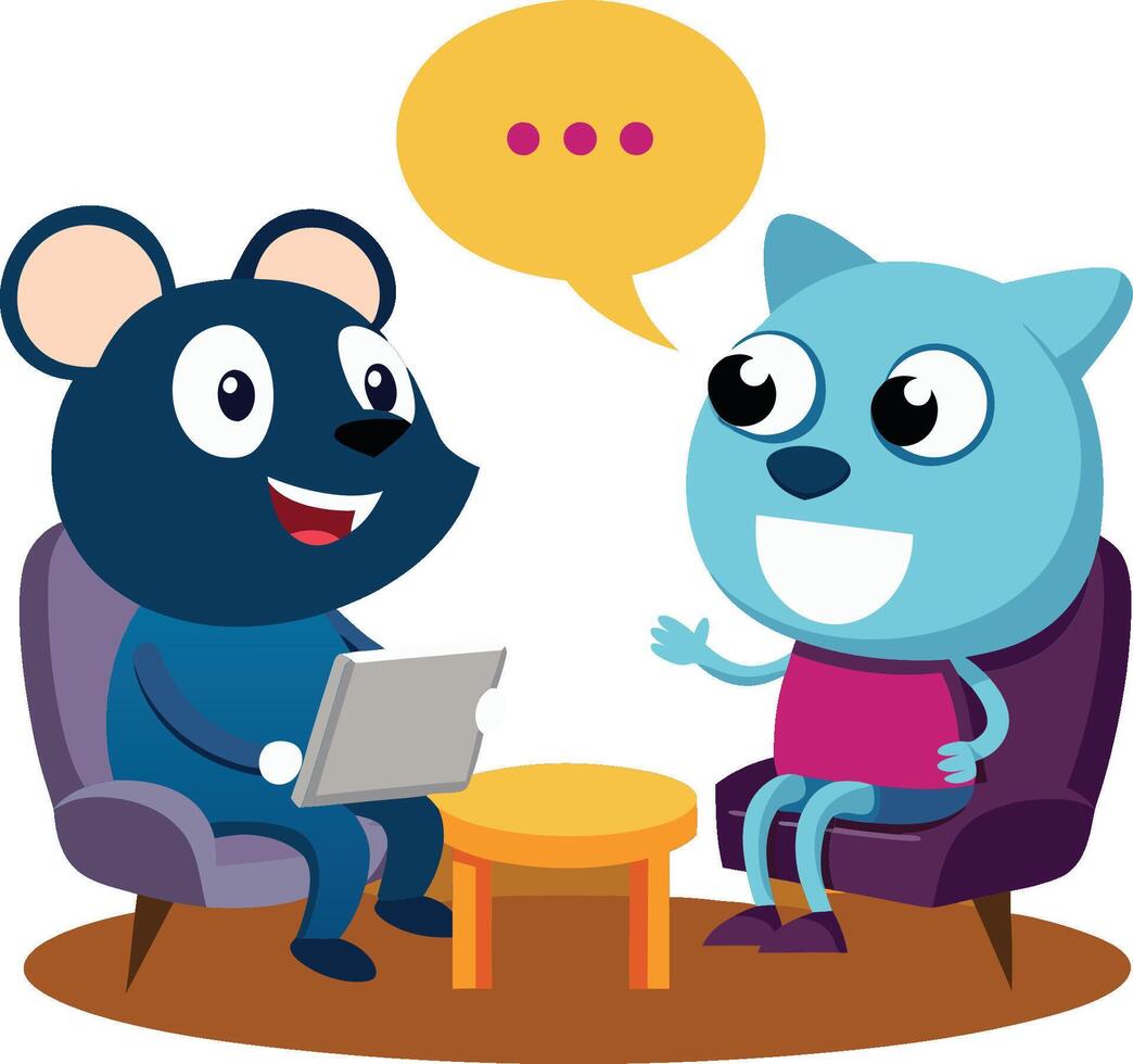 Cute cartoon animals, friendly conversation, blue bear with laptop, teal cat gesturing, yellow speech bubble, purple armchairs, small orange table, vibrant colors vector