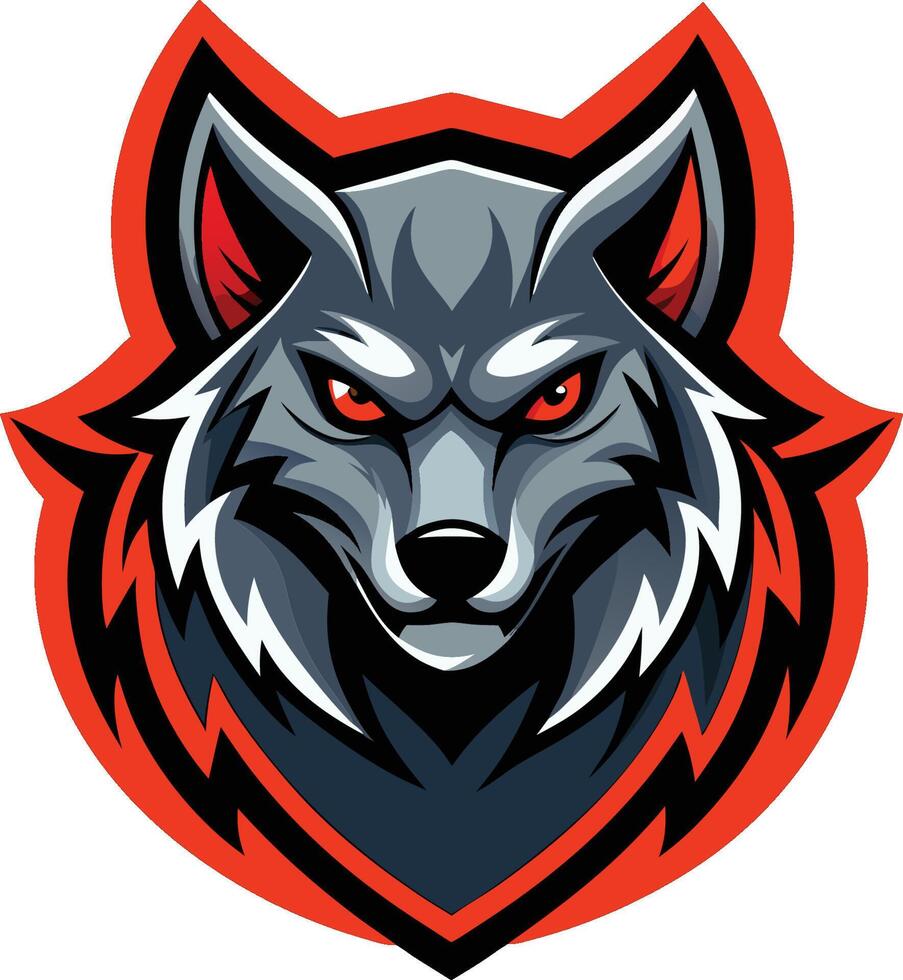 Wolf head logo, fierce expression, red glowing eyes, stylized graphic design, sharp angular features, grey and black fur vector
