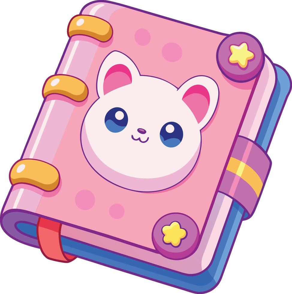 Cute pastel diary, kawaii cat face, pink notebook, gold star accents, chibi style, polka dots, rounded edges vector