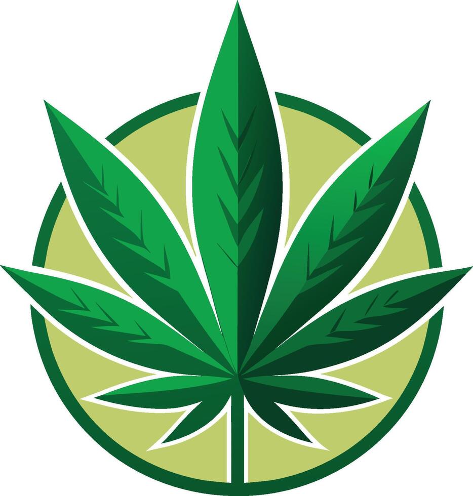 Cannabis leaf icon, stylized green marijuana symbol, circular emblem design, vibrant green and lime colors, graphic vector