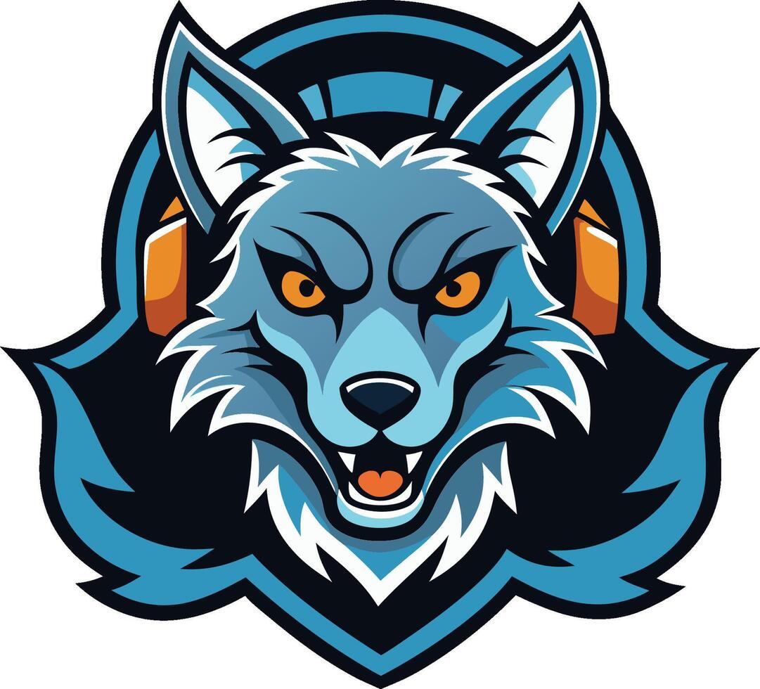 Wolf mascot, sports team logo, fierce expression, light blue and white fur, orange eyes, snarling mouth, stylized design, sharp angular shapes, black backgroun vector