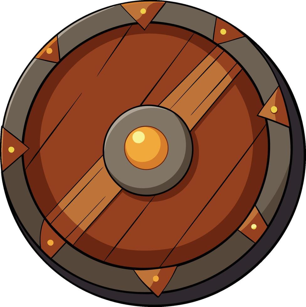 Cartoon wooden shield, circular design, medieval fantasy, brown and orange tones, metallic accents, golden rivets vector
