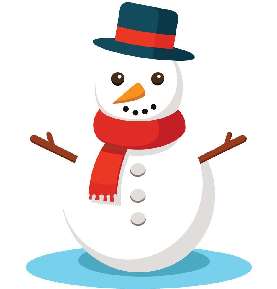 Cute cartoon snowman, smiling face, carrot nose, coal eyes, teal top hat with red band, bright red scarf, stick arms, three black buttons, white round body vector