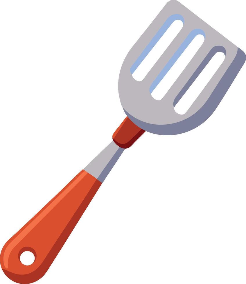Kitchen utensil, spatula, cooking tool, slotted turner, stainless steel head, red plastic handle, simple design, clean lines, cartoon style vector