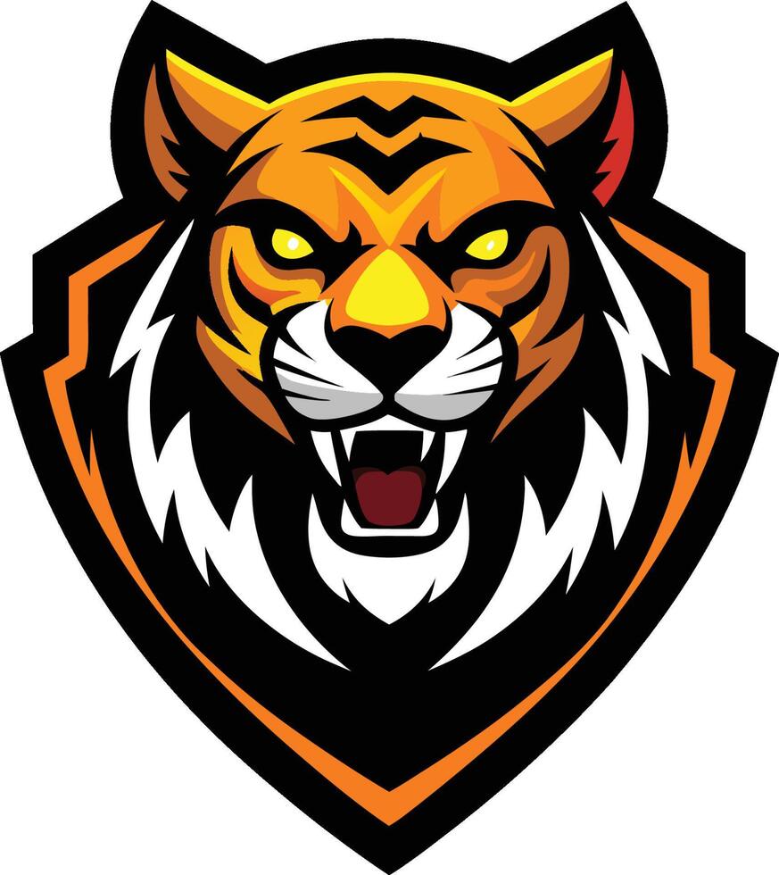 Tiger mascot, fierce expression, stylized logo, shield shape, orange and black, yellow eyes, sharp fangs, roaring tiger head, art, esports logo, bold lines vector