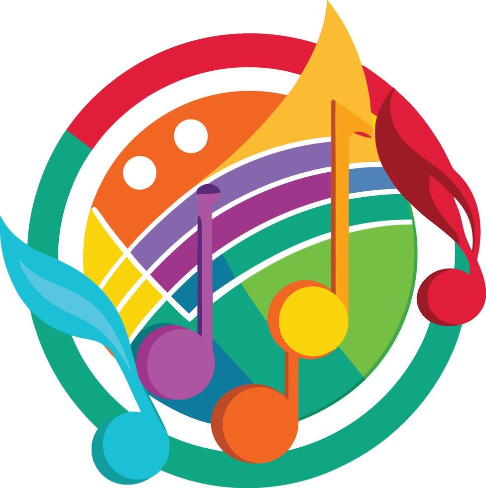 Colorful music logo, vibrant rainbow colors, musical notes, circular design, abstract shapes, geometric patterns, cheerful, energetic, playful, art style vector