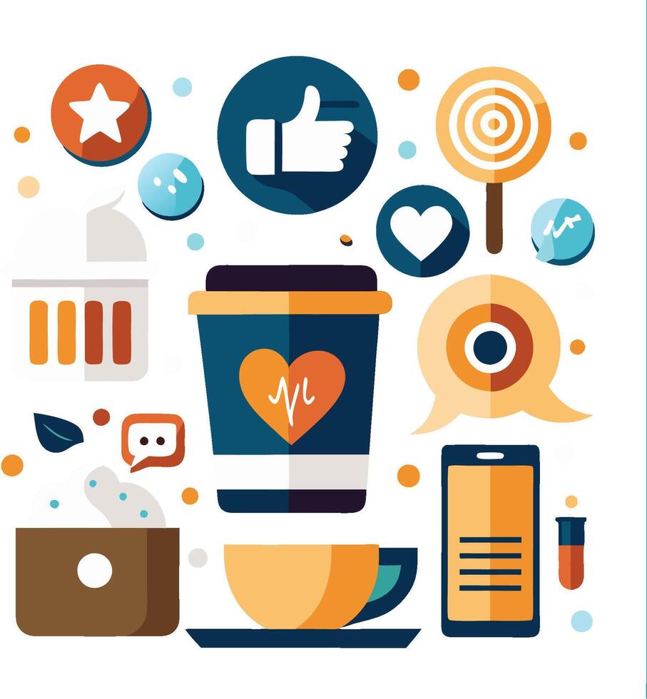 Flat design icons, social media symbols, coffee cup, smartphone, heart icons, thumbs up, star rating, target bullseye, speech bubble, camera, test tube, colorful graphics vector