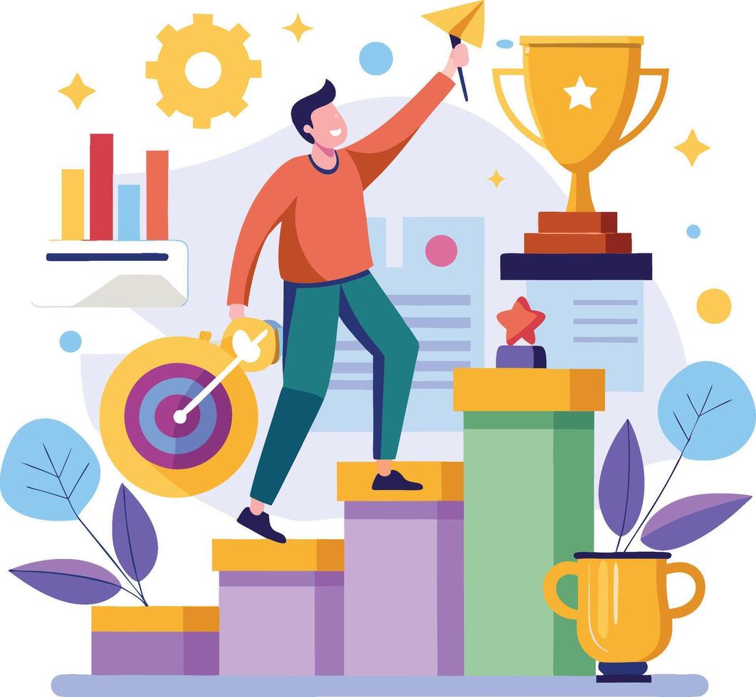 Cartoon illustration, business success concept, colorful flat design, man climbing stairs, holding paper airplane, golden trophy vector