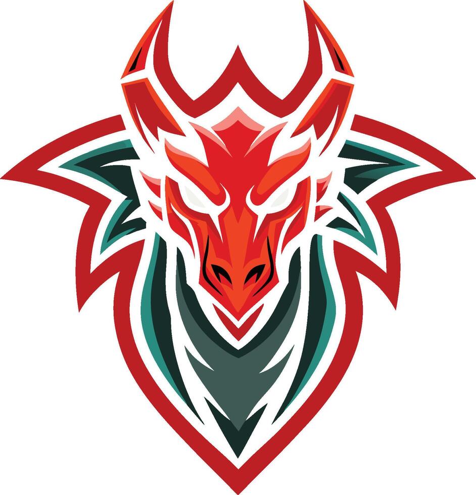 Dragon logo, fierce, stylized, red and teal, geometric shapes, symmetrical design, modern, bold, angular, mythical creature vector