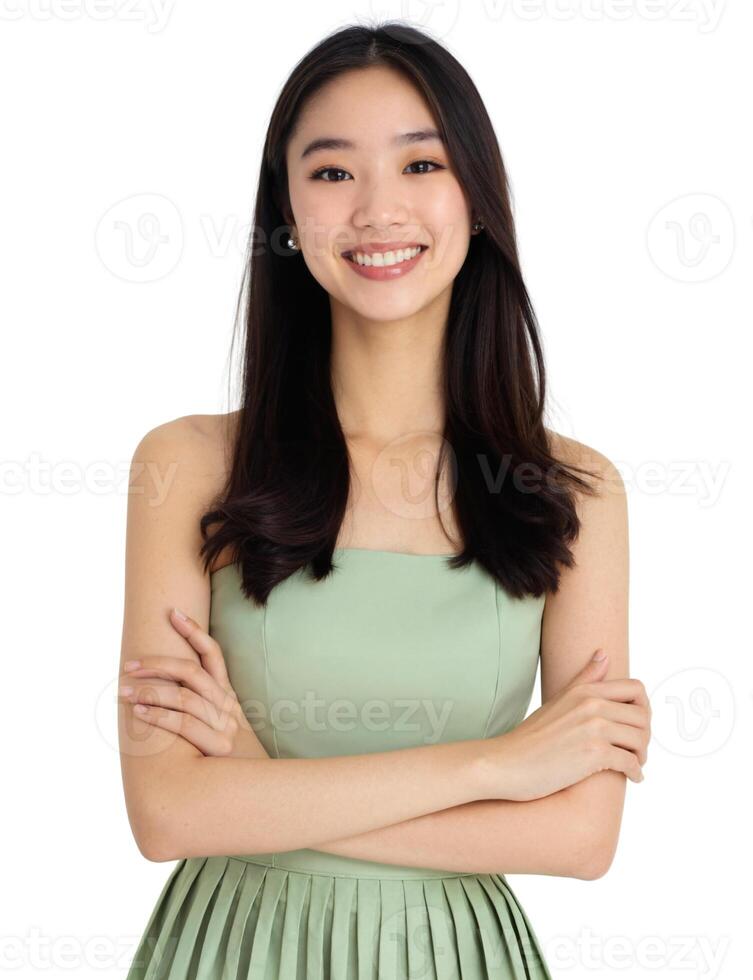 Asian woman in green dress smiling photo