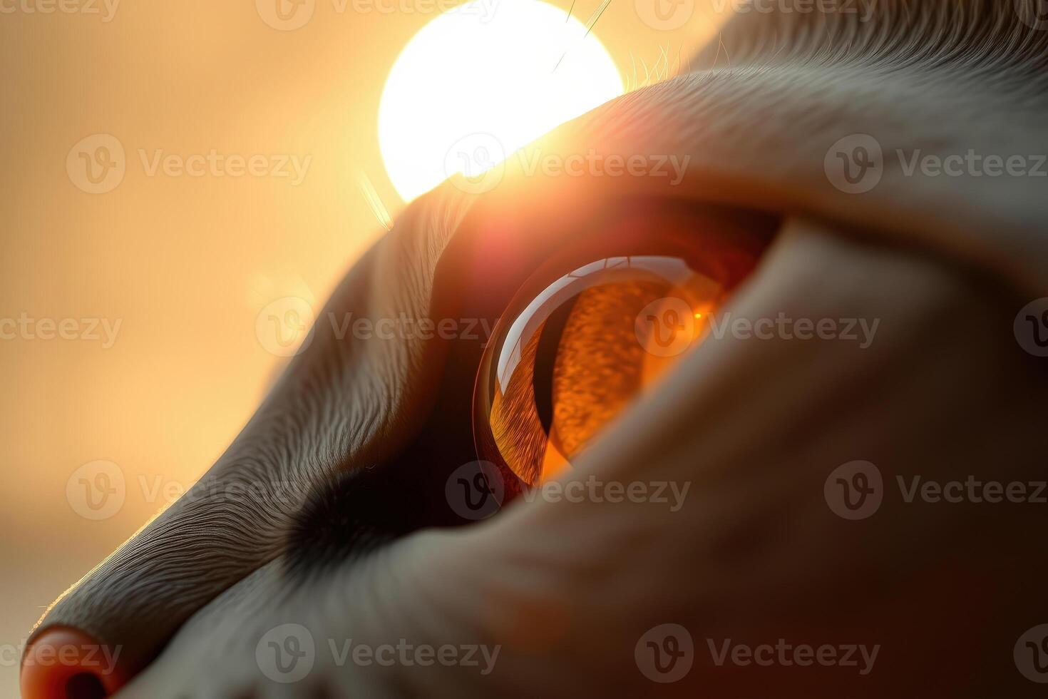 Hyperrealistic Macro Closeup of a Cats Eye Illuminated by Warm Golden Sunlight in a Dreamlike Surreal Digital Art Style photo