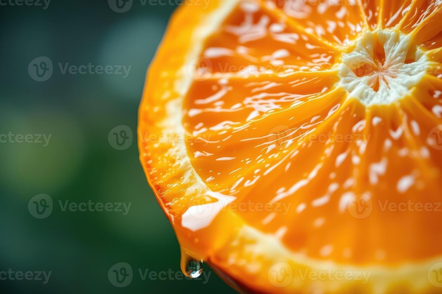 Macro Close Up of a Fresh Juicy Orange Slice with Vibrant Colors and Dripping Juice in High Detail Citrus Photography for Food Marketing and Healthy Lifestyle Visuals photo