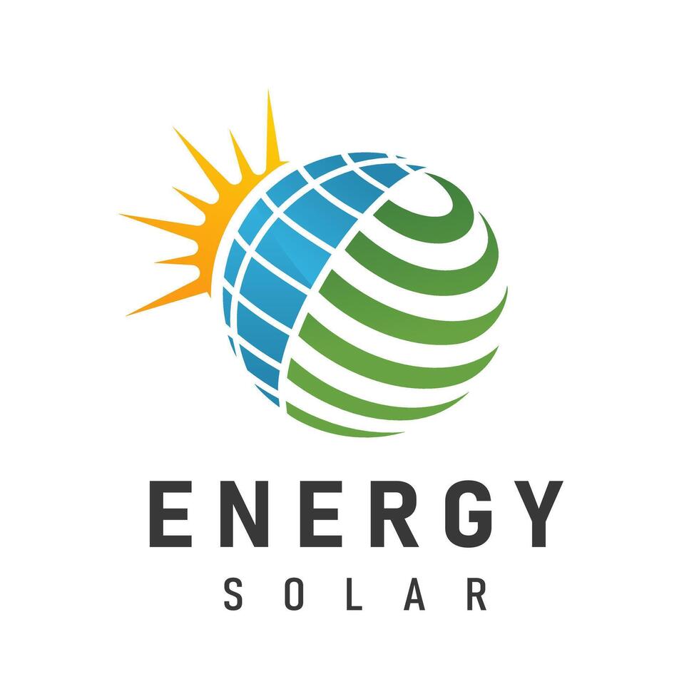 Globe Illustration Logo with Sun Element Solar Panel Pattern suitable for renewable energy company, solar panel business vector