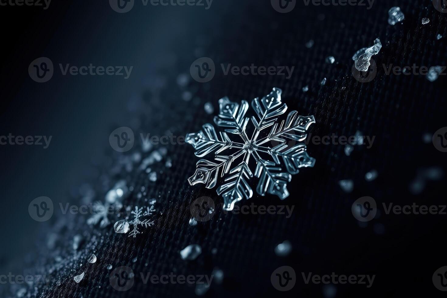 Macro Closeup of a Stunning Ice Snowflake on Dark Fabric Capturing Intricate Frost Crystals in a Hyperrealistic Digital Photography for Winter Holiday and Seasonal Art Concepts photo