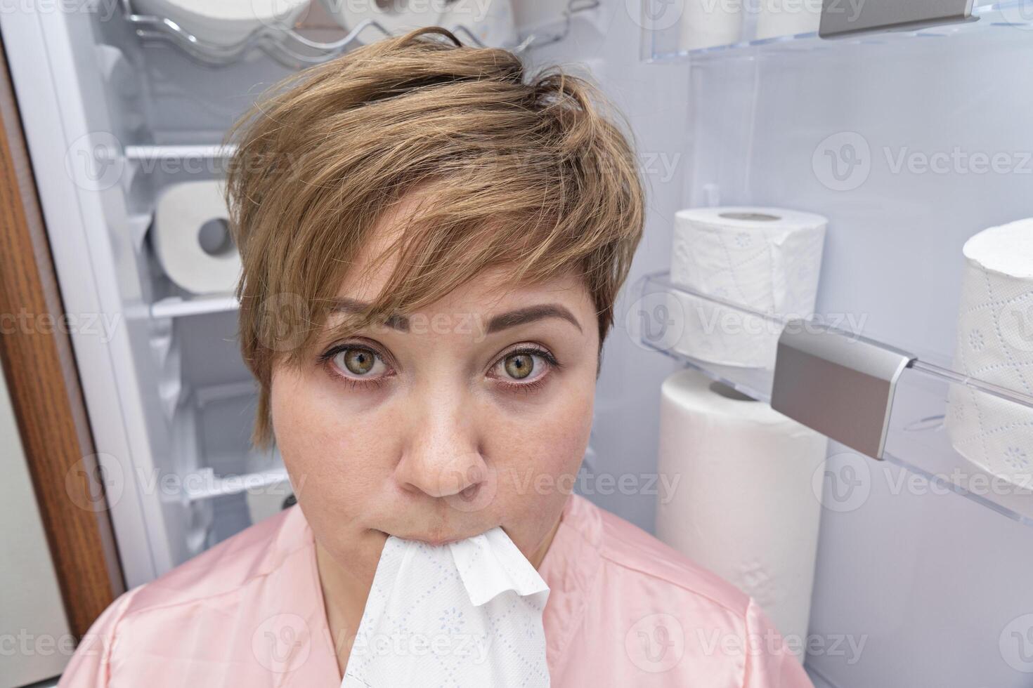Pregnant woman with short hair and confused expression holds toilet paper in her mouth, standing in front of fully stocked toilet paper shelf. Non-food items eating concept photo