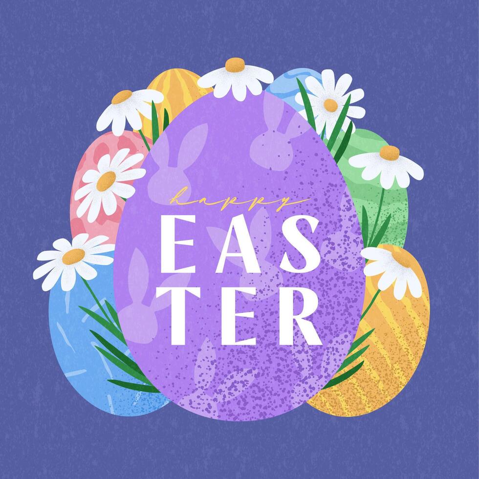 Easter egg with flowers and daisies on blue background vector