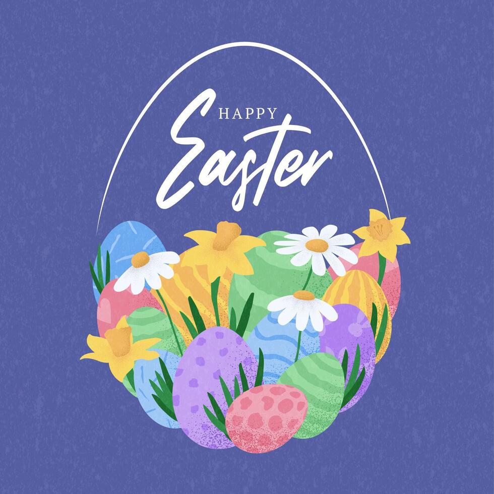 Easter egg basket with flowers and daffodils on blue background vector