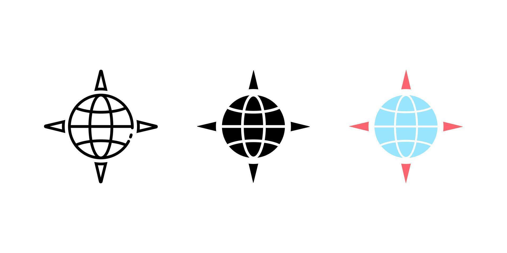 globe compass icon set. Linear, silhouette and flat styles are editable. vector