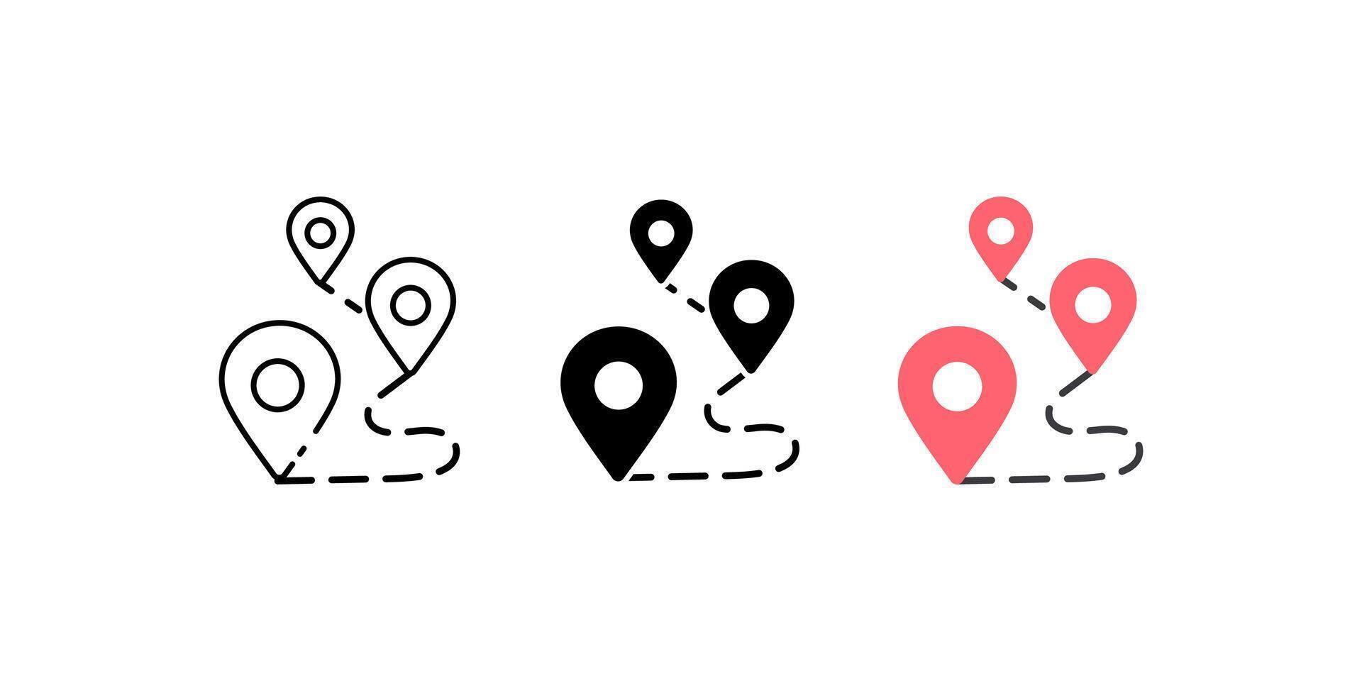 pin route icon set. Linear, silhouette and flat styles are editable. vector