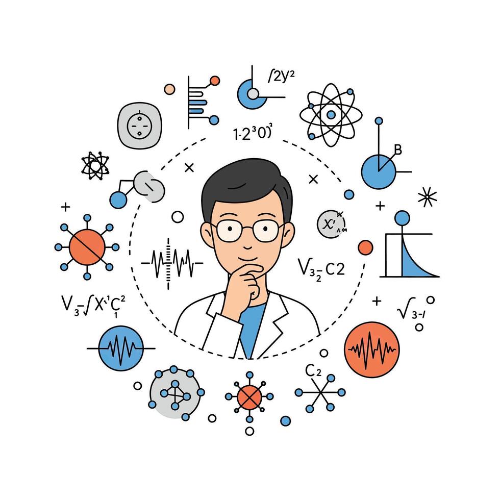 A man in glasses surrounded by science icons vector
