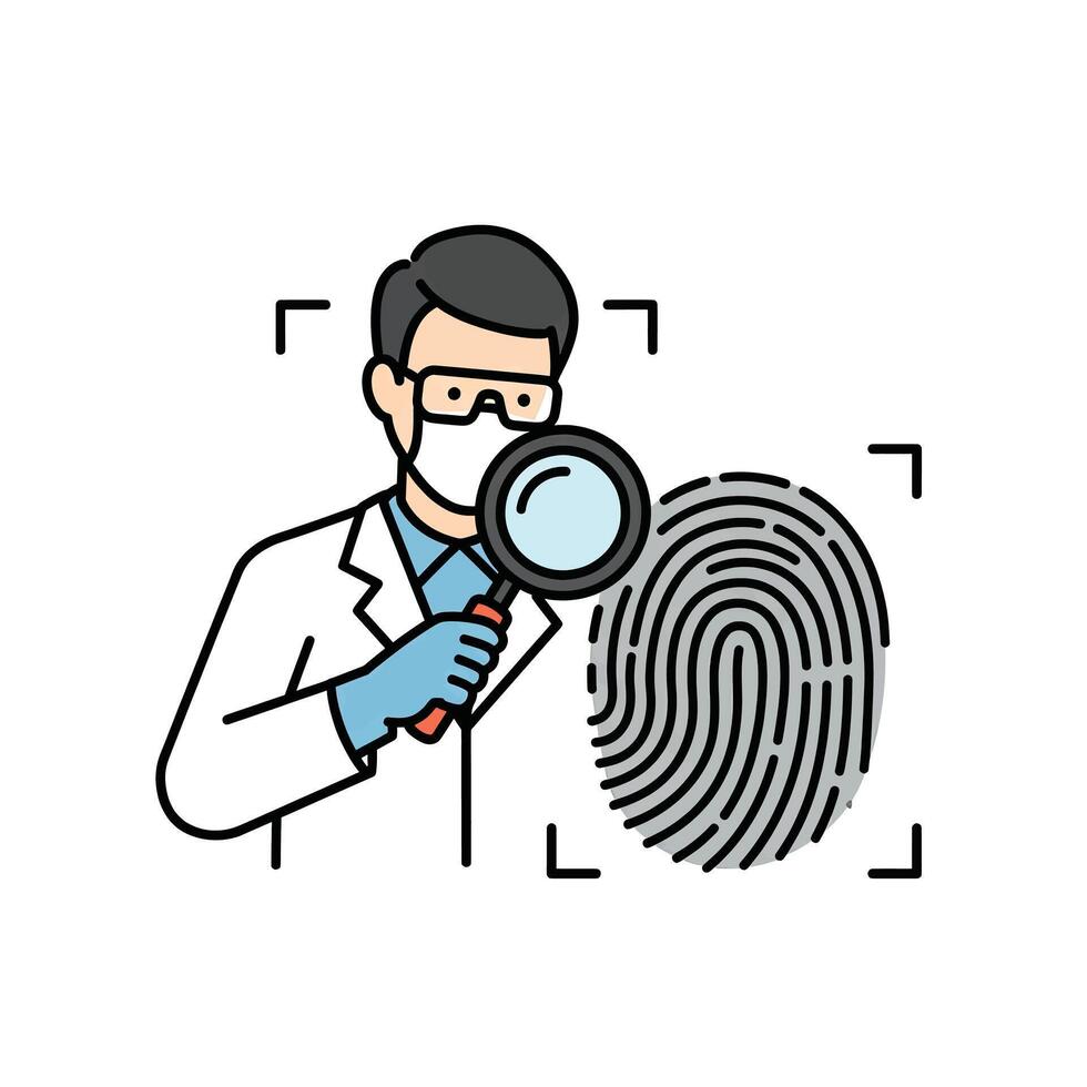 A man in a lab coat holding a magnifying glass over a fingerprint vector