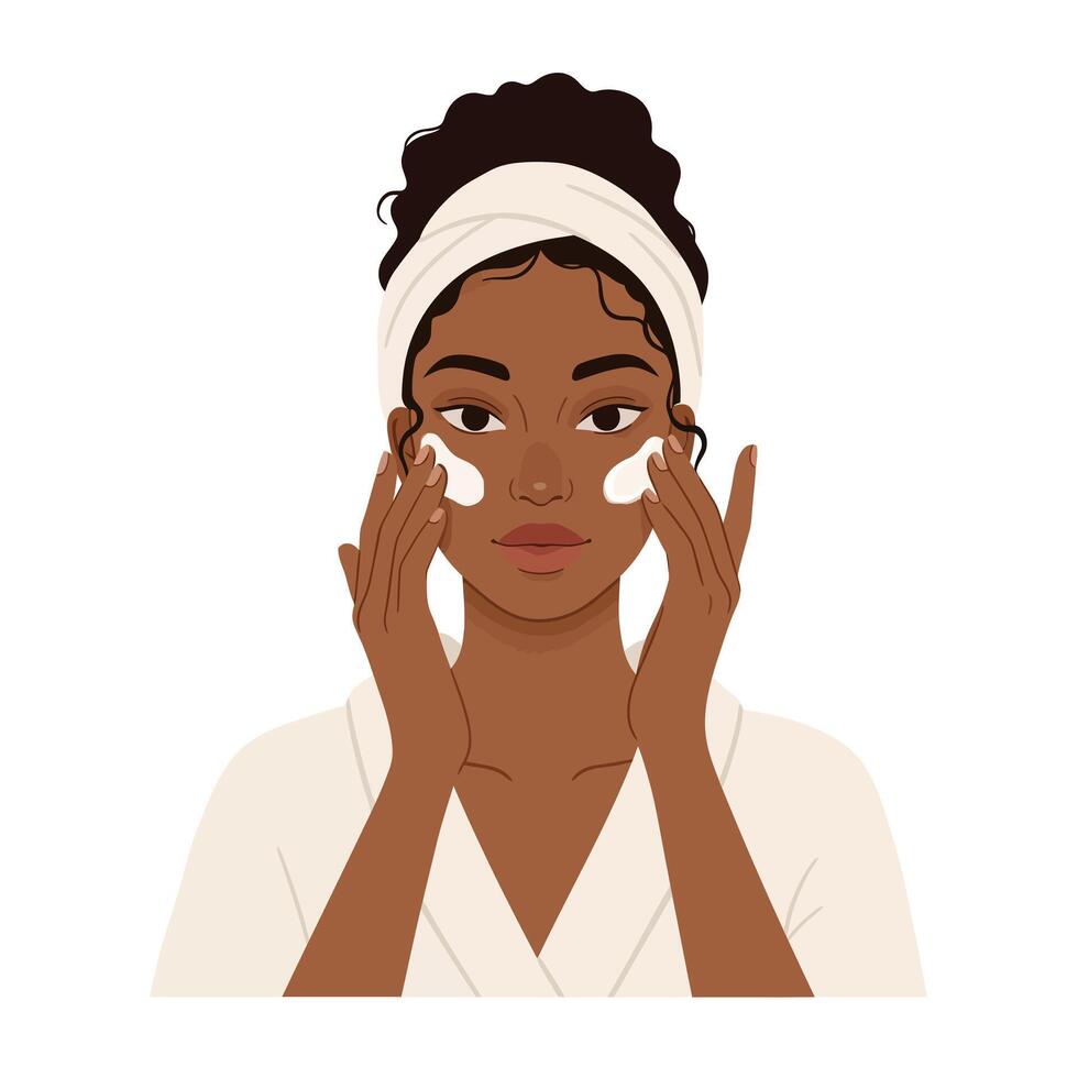 Beautiful african american woman with white towel on her head, using a facial cleansing pad vector