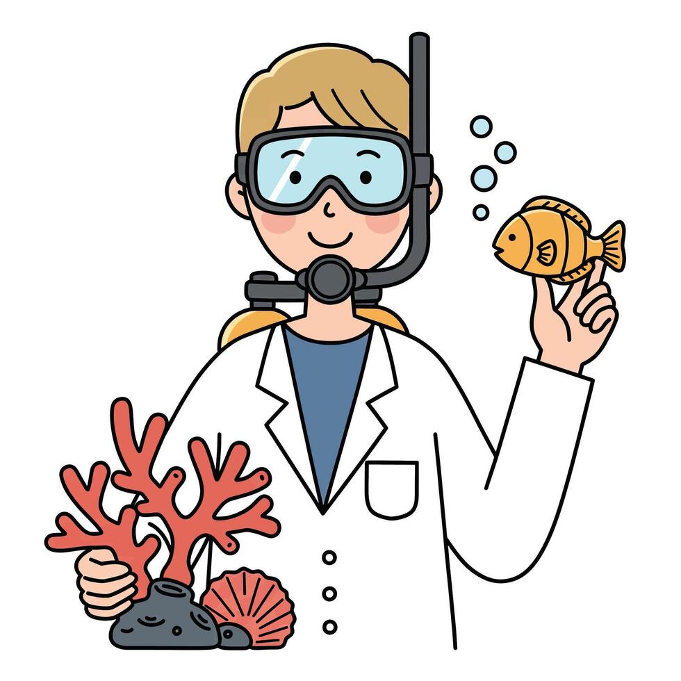 A cartoon woman holding a fish and a scuba mask vector