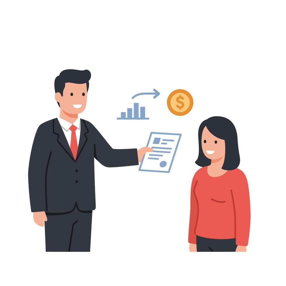 A man and woman are standing next to each other with a document vector