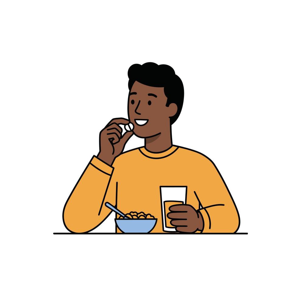 A man eating cereal and drinking milk vector