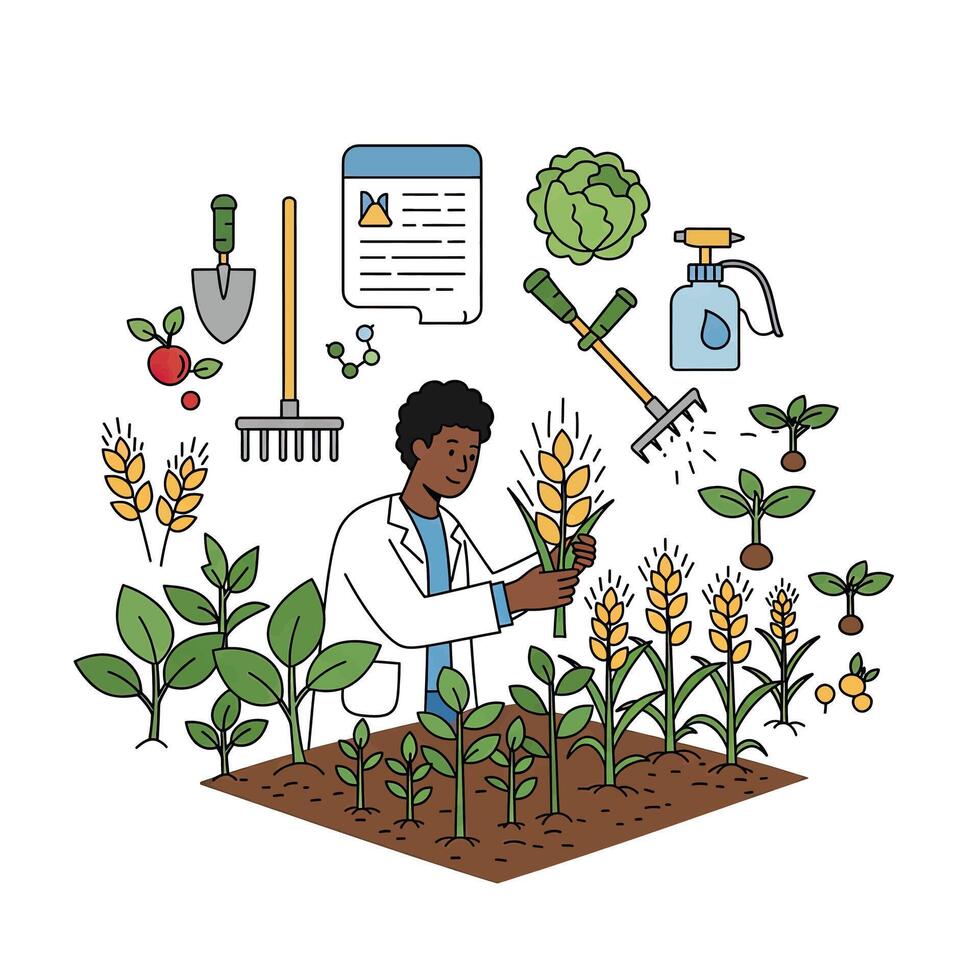 An illustration of a man in a lab coat and gardening tools vector