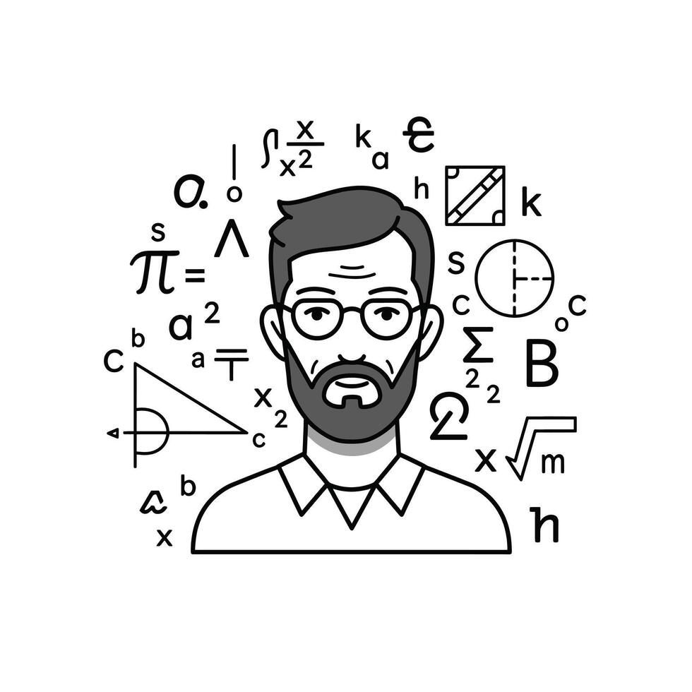 A man with a beard and glasses surrounded by math symbols vector