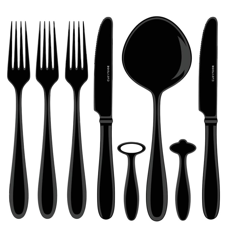 Set of flat black flatware, knife, fork, spoon, and knife vector
