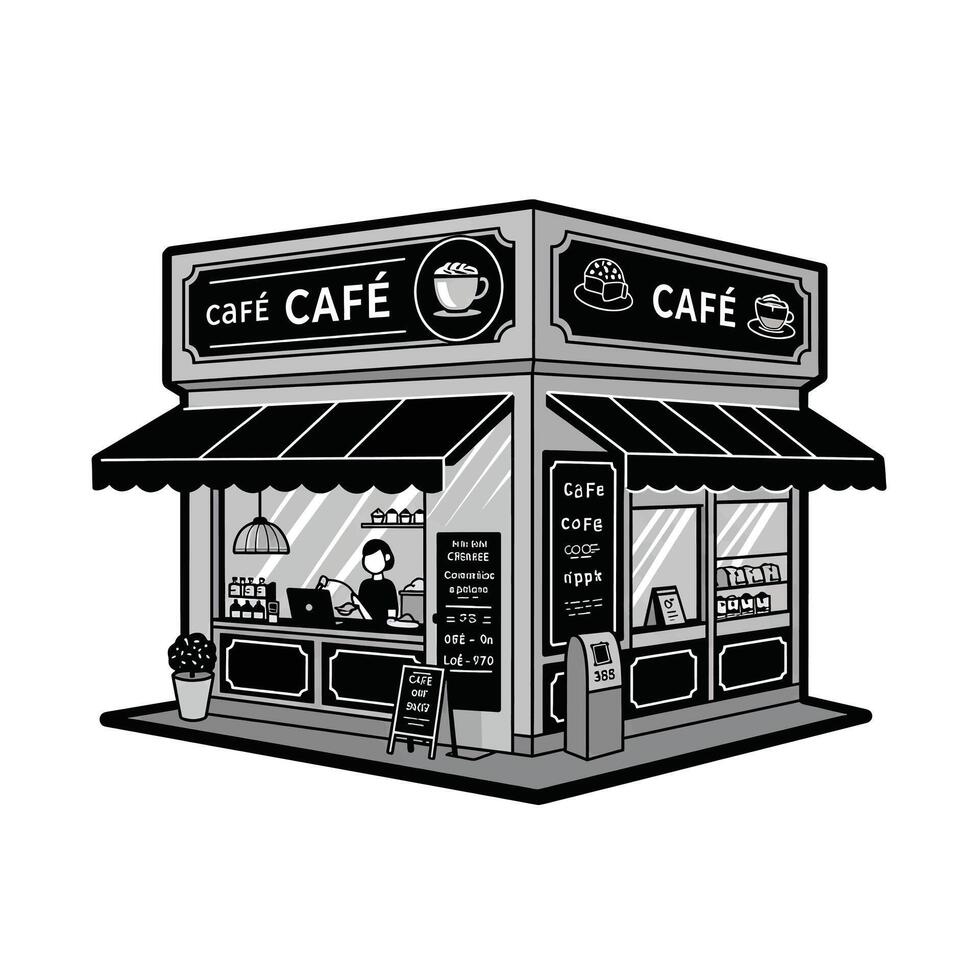 A black and white illustration of a cafe vector