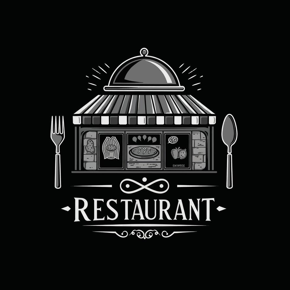 Restaurant logo design with a building and fork and knife vector
