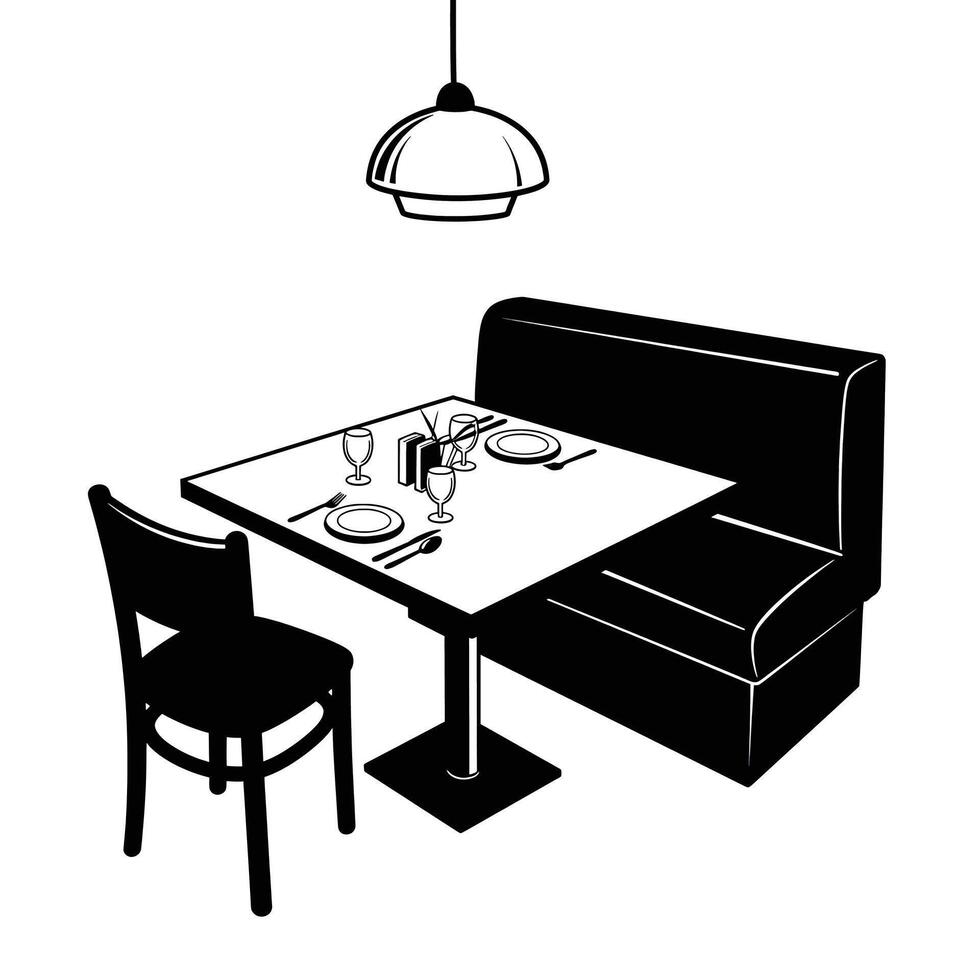 A black and white illustration of a dining table and chairs vector