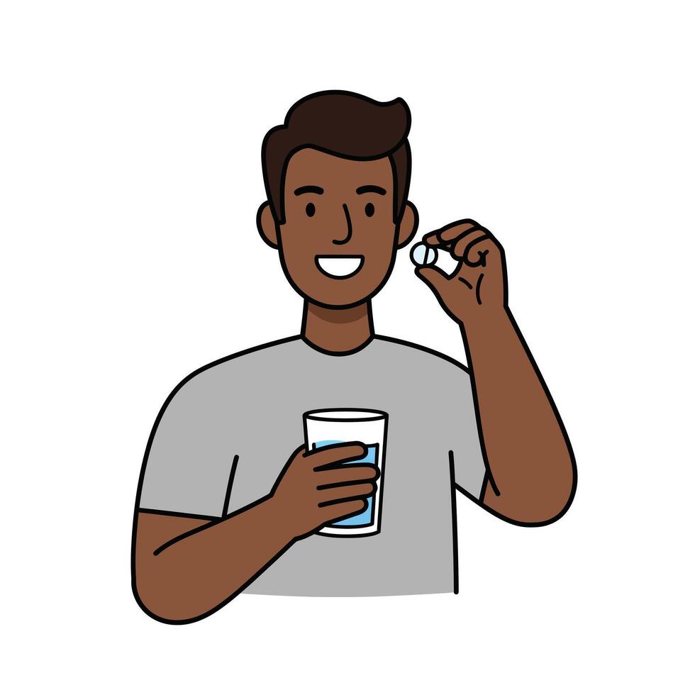 A man holding a glass of water and a pill vector