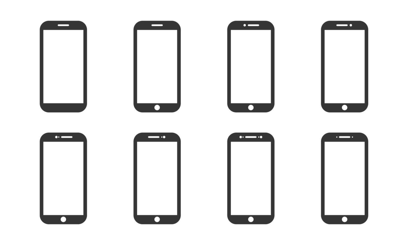 Phone icons of nine different smartphones, all with blank screens. vector