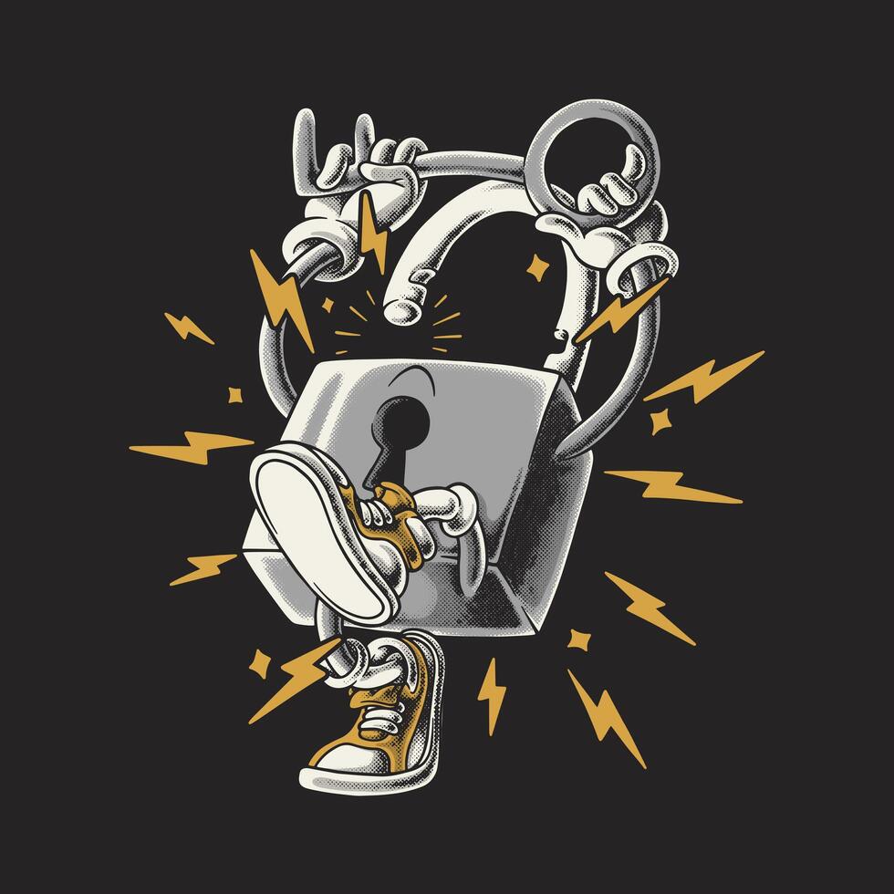 retro cartoon padlock mascot holding a key vector