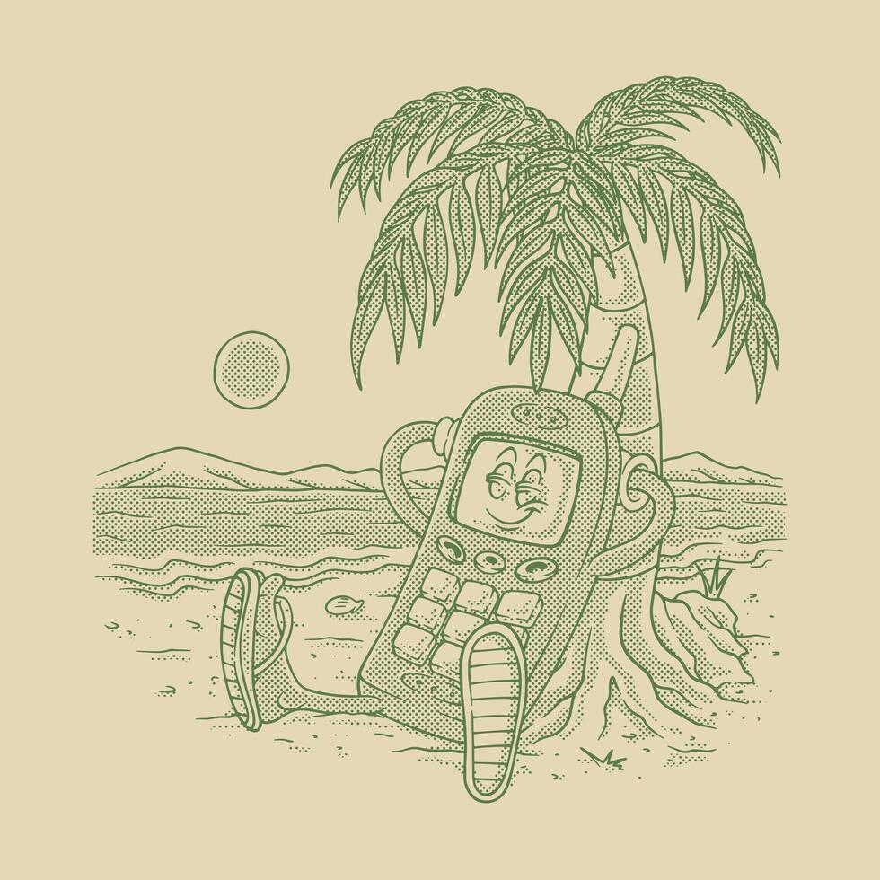 old hand phone sitting on the beach retro cartoon mascot vector