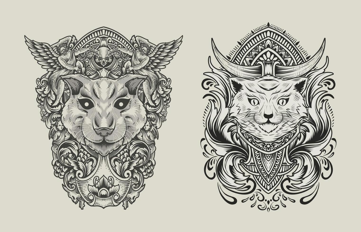 illustration cat head with engraving ornament vector