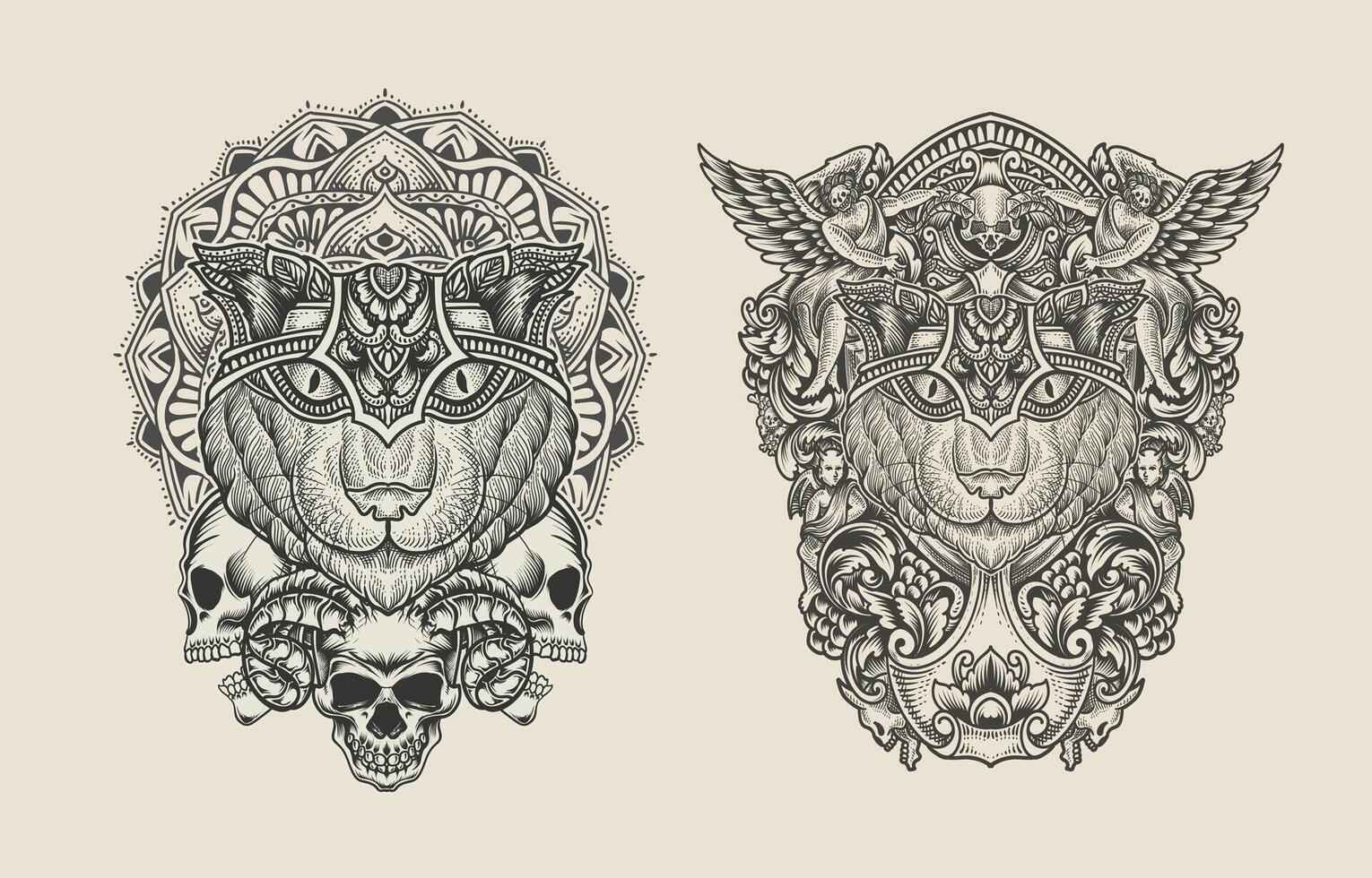 illustration cat head engraving ornament style with mask vector