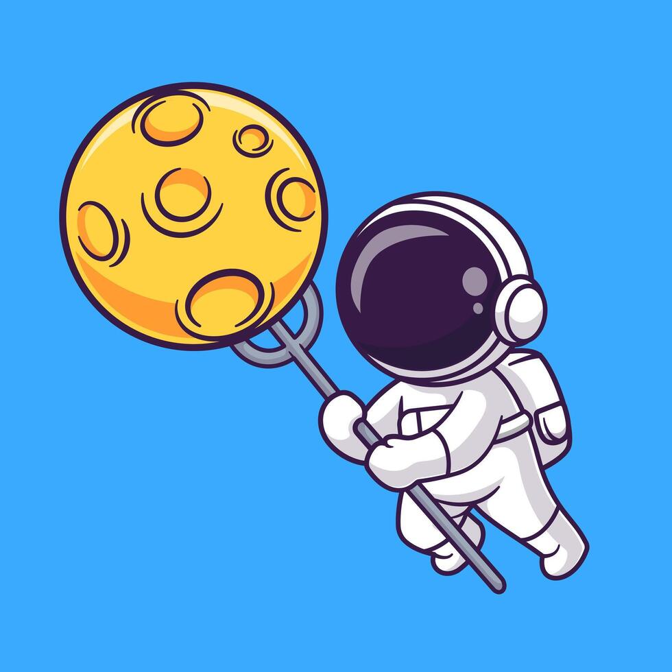 Cute Astronaut Poke Moon With Fork Cartoon Illustration vector