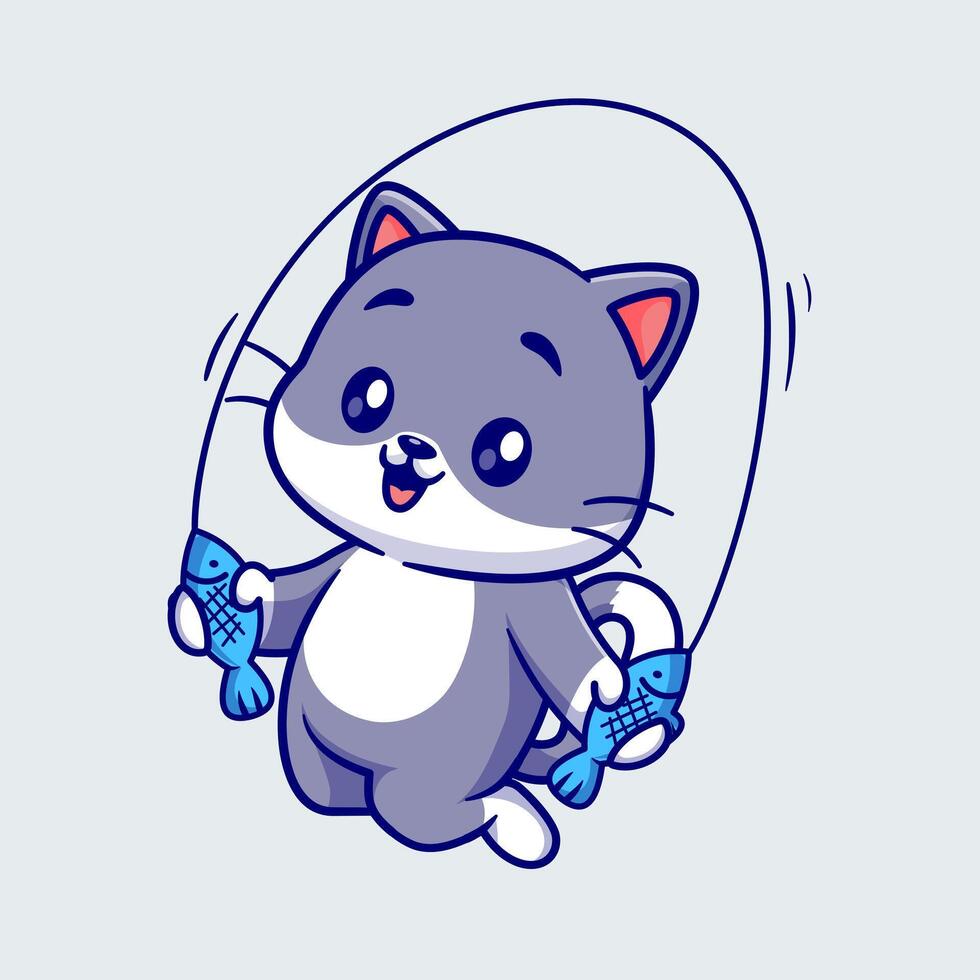 Cute Cat Playing Fish Jump Rope Cartoon vector