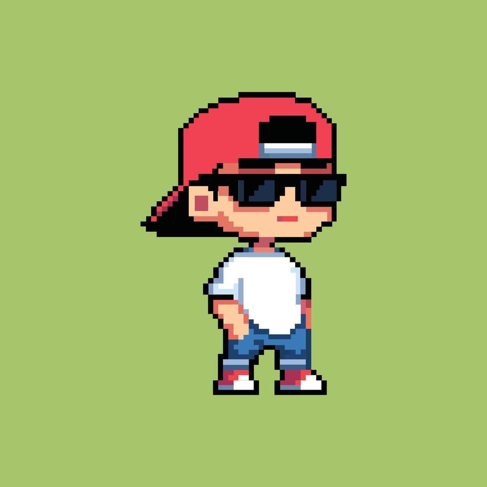 A retro-style pixel art of a cool little kid with vintage green background vector