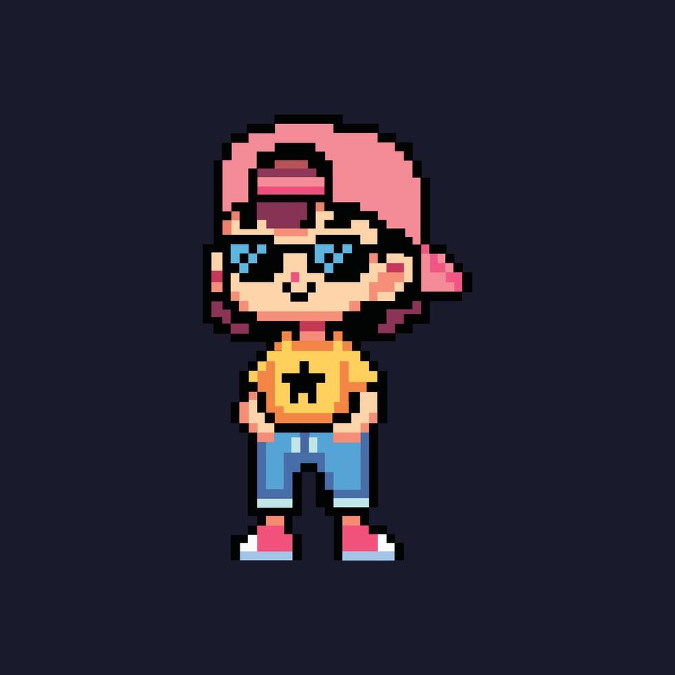 A retro-style pixel art of a cool girl with dark purple background vector